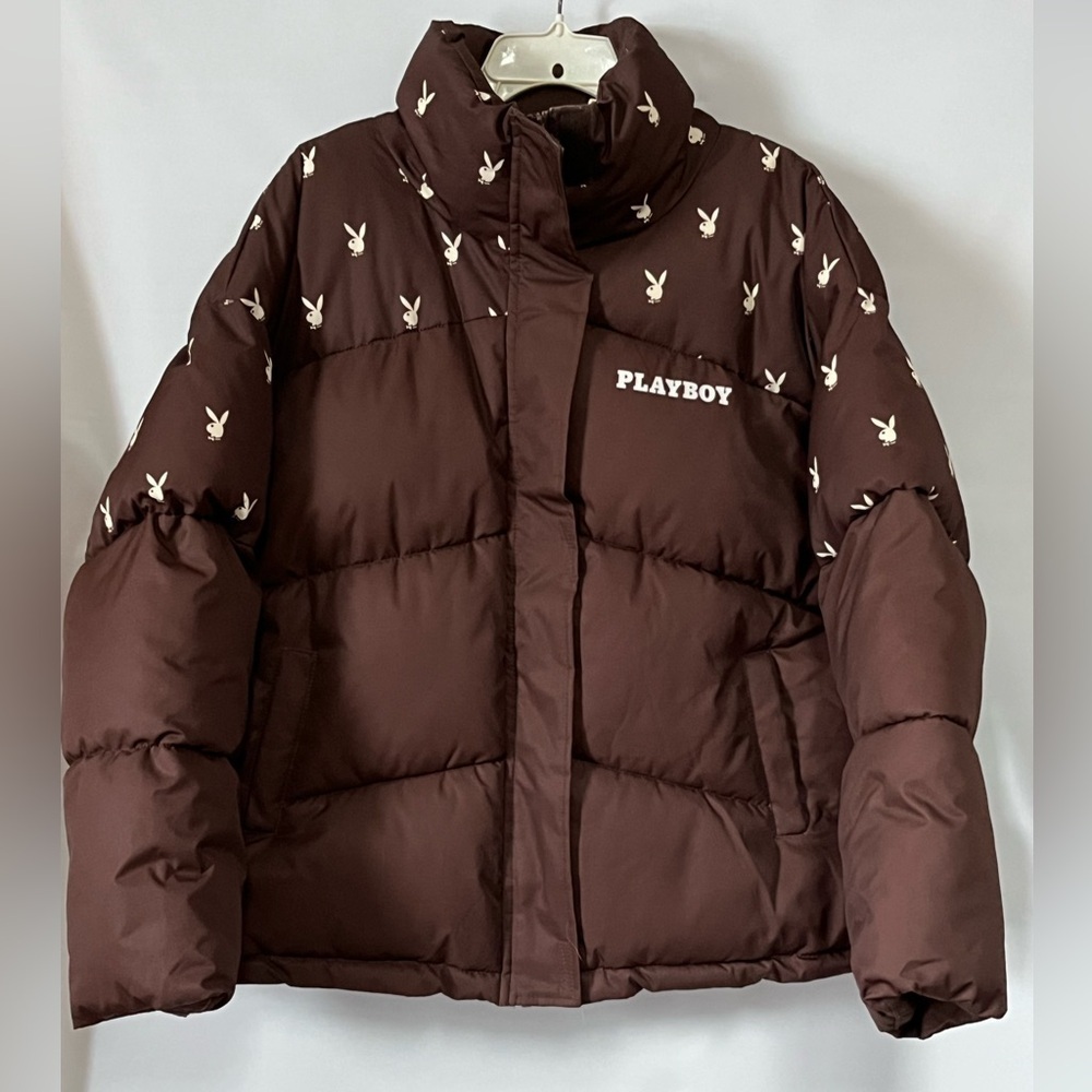 Missguided Playboy Chocolate Brown/Cream Bunny Print Puffer Jacket Sz 12 NWOT